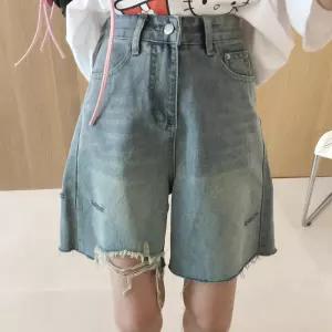 큐브 하이웨스트 디스트로이드 빈티지 컷팅 트임 헤짐 워싱 5부 데님 청반바지