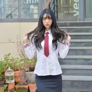 교복몰 (빅사이즈) 여성 교복 셔츠 각카라 빨강체크.