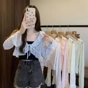 여성 예쁜 레이스 플라워 패턴 숏 가디건 망사 시스루 민트