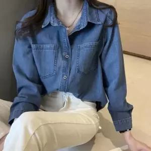 여성 진청 데님 카라 셔츠 포켓 긴팔 캐주얼 청남방 봄가을셔츠 간절기아우터