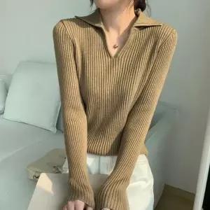 모던한 브이넥 골지 긴팔 니트 데일리 여자 티셔츠
