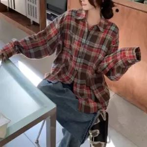 여성 와이셔츠 오버핏 체크 셔츠 남방 긴팔 깔끔한