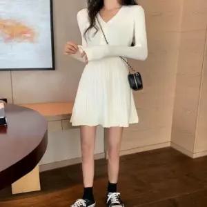 여성 2컬러 브이넥 여리핏 데이트룩 V넥 미니원피스 긴팔미니원피스 긴팔원피스