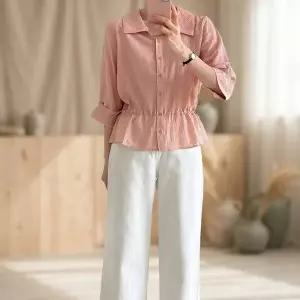 여성용 반팔 스트라이프 칼라 셔츠 버튼 여름용