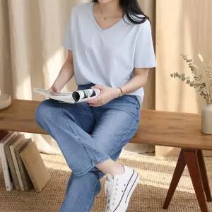 여성 무지 브이넥 반팔티 데일리 여름 티셔츠