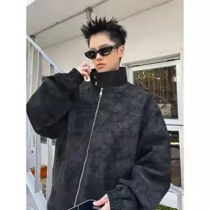 남자 심플데일리룩 항공 점퍼 재킷 봄나염 PU무스탕 카라 무스탕 코트 상의 OOTD1