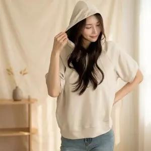 [옷자락]여성 배색 나그랑 반팔 후드티 여름 박스핏 티셔츠
