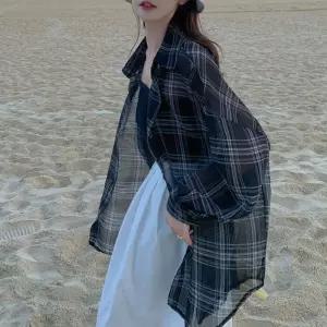 [하젤]프리즈 시스루 체크 롱셔츠_M3980