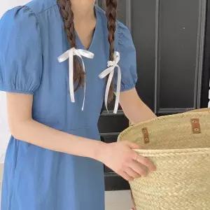[드레스날다]예쁨100% 브이넥 퍼프 반팔 데님 롱 원피스