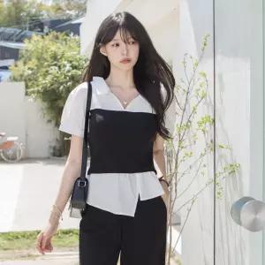 [하객룩/여리핏]배색 골지 오픈카라 퍼프 블라우스(반팔ver)