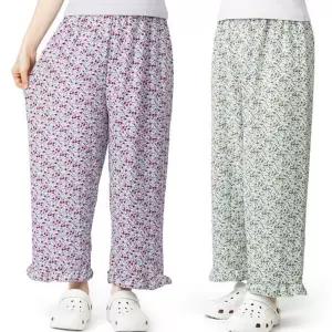 여성 몸빼 바지 데일리 꽃무늬 밴딩 여성 냉장고 바지 9부 여름 파자마 웨어 잠옷
