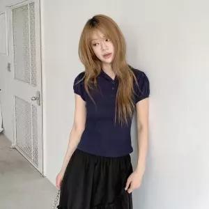 /옷자락 여자 퍼프 소매 브이 반팔 티셔츠
