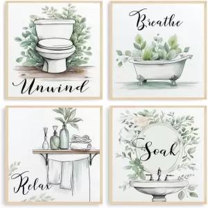 Dazzlewall 4pcs 릴랙스 언윈드 브레스 소크 월 장식 미니멀리스트 세이지 그린 욕실 욕조 세면대 화장실