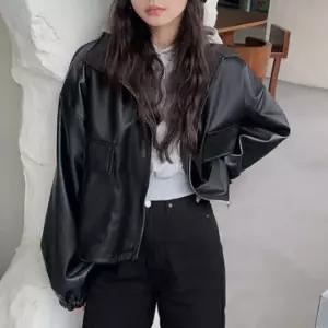 보이핏데일리 코디 여름 가죽 간절기 여자 점퍼검정 루즈핏블랙 외출 NWFL762R