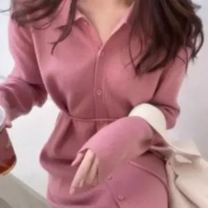 여성 허리 스트링 니트 단추 롱원피스 1P 편안한 컴포트핏 카라 스커트