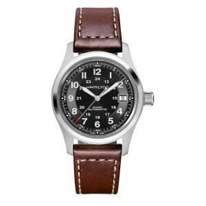 해밀턴 카키 필드 자동 남성용 시계, 38mm 스테인리스 스틸 케이스, 스위스산, 블랙 다이얼 아날로그 손목시계, 100m 방수, 사파이어 크리스탈, 3핸드 무브먼트, 소 가죽 스트랩