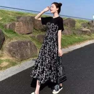 이쁘다요 어깨 원피스 여리 롱 배색 반팔 플라워 데일리