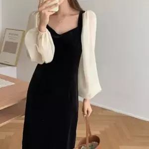 이쁘다요 모던 롱 시스루 벨벳 여성 원피스 컬러 브이