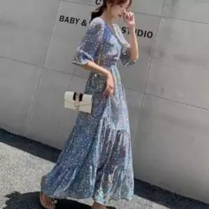 블루 플라워 반팔 플레어 롱 원피스 여름 캐주얼 데일리