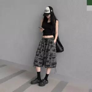 AGG 1015W 여자 카모 밀리터리 스트링 카고 버뮤다 밴딩 팬츠