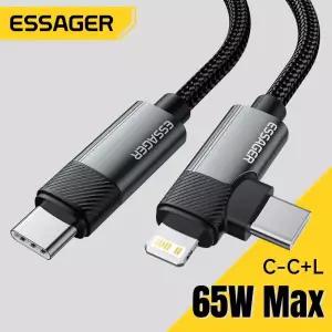 [호환] Essager PD 65W Max 2 in 1 C타입 to 및 라이트닝 데이터 케이블,  14 13 12 11 프로 맥스 Xs 플러