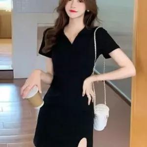 이쁘다요 트임 플레어 반팔 니트 카라 원피스 프릴 롱 미니 브이 미디 블랙 여자 청치마