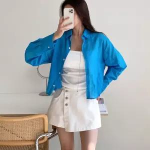[옷자락] 여자 거즈남방 크롭 살안템 여름긴팔 시스루 면 셔츠