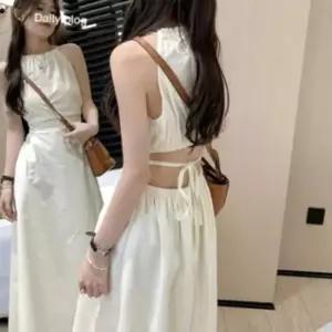 여성 여름 심플 시크 홀터넥 허리 백 트임 롱원피스