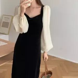 롱 원피스 퍼프 시스루 블랙 벨벳 휴양지 하객