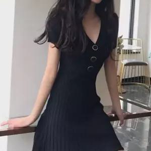 브이넥 버튼 숏 원피스 A라인 반팔 스판 원피스