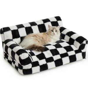 BFPETHOME 고양이 소파 & 강아지 침대, 작은 반려동물을 위한 반려동물 소파, 귀여운 세탁 가능한 커버가 있는 체크무늬 침대 (블랙 화이트)