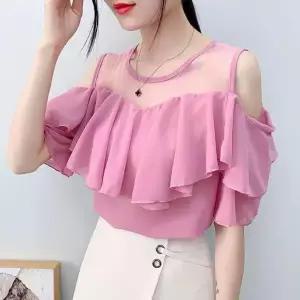 세련된 라인댄스복 반팔 공연복 오프숄더 시원한 댄스 상의 핑크 S 45kg 이하