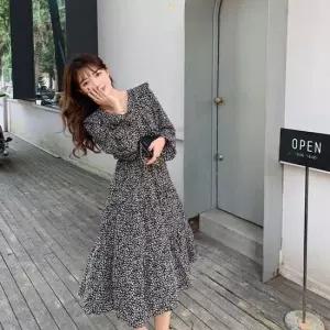 쉬폰긴팔원피스 프릴 플라워 여성 쉬폰 롱 원피스 봄 가을 데이트룩
