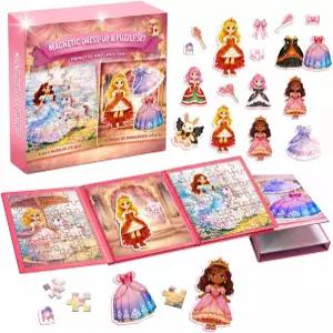 2-in-1 마그네틱 퍼즐북 및 여아용 인형 꾸미기 3-9 124PCS 프린세스 여행 장난감 드레스업 생일 파티를
