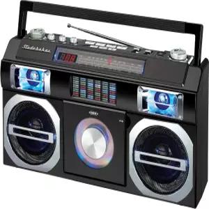 3방향 전원 AM/FM 라디오 USB 포트 MP3 재생이 가능한 CD 플레이어 LED EQ 및 검은색 10와트 RMS 스피커가