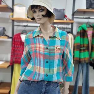 베네통/애플아울렛/마 혼방 체크 패턴 셔츠형 블라우스/BABLA3631