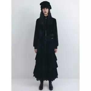 OPEN YY Velvet Rolled Waist Tiered Skirt - Black 1178568