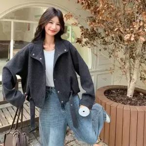 엘럽 여성 회색 모직 가을 코트 차이나 체크 도톰 숏 톱 원템3