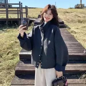 엘럽 그레이 여성용 모직 캐주얼 가을 체크 쇼트 기모 코트 자켓 원템3