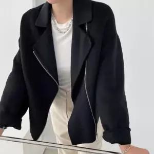벨티드코트 사선 집업 라이더 모직 숏 코트 지퍼 포켓 캐주얼룩