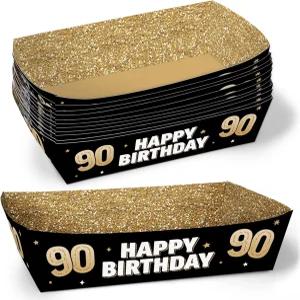 빅 닷 오브 해피니스 90번째 생일 파티 종이 음식 트레이 일회용 푸드 보트 블랙 앤 골드 성인 피크닉