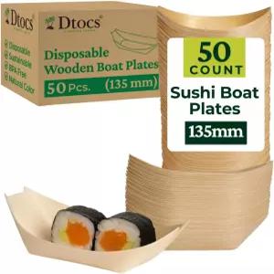 Dtocs 35mm 일회용 나무 보트 접시 50개 생분해성 서빙 스시 디저트 애피저 간식용 푸드 플라스틱 대나무