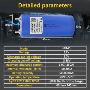 리토칼라 60145 50AH 리튬인산철(LiFePO4) 3.2V 5C DIY 배터리 팩 모터 파워 차량 가전제품 광업 캠핑 보트