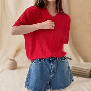 [다잇템] 여성 반소매 와플니트 카라 빨간 가디건
