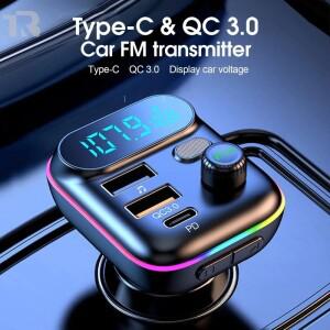 차량용 고속 충전 블루투스 5.0 FM 트랜스미터 PD 듀얼 플레이어 음악 타입C 컬러풀 앰비언트 MP3 라이트