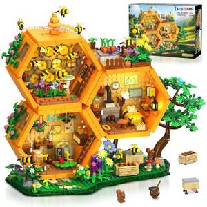 인순 농장 꿀벌 집 건물 조명 세트, 꽃 식물 동물이 있는 1704PCS 꿀 캐빈 블록 키트, 트리하우스 건설 모델 홈 데코, 성인 소년 소녀를 위한 장난감 선물 12+