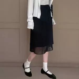 [하프클럽/]여성용 레이온 혼합 시스루 레이어드 미디 스커트 밴딩