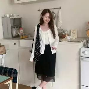 [하프클럽/]여성 울혼방 레이온 시스루 레이어드 밴딩 미디 스커트