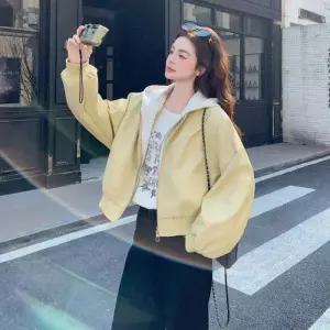 손오반 여자 봄 페이크 투피스 데일리룩 점퍼 집업 야구 항공 후드 쇼트 가죽 재킷 코트 KUK1