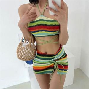 여성 비키니 비치 웨어 비키니 스트라이프 쓰리피스 수영복 바캉스